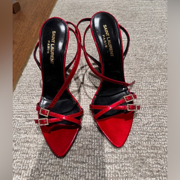 Saint Laurent Crystal Buckle Ankle Strap Sandal in Tibet Red - Picture 4 of 6